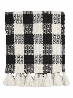 Mud Pie Cream Buffalo Plaid Throw Blanket 50” x 70” Tassel Fringe NWT